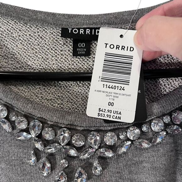 Torrid Heather Embellished Rhinestone Raglan Short Sleeve Sweatshirt Gray Sz 00 - Picture 3 of 6